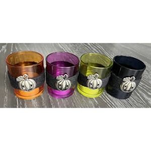 Four Halloween Candle Holders Glass with Jack-O-Lantern Pumpkin Charms